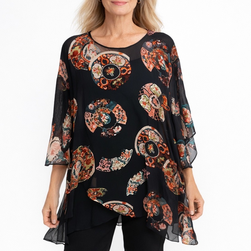 Citron Santa Monica 100% Silk Lagenlook Sheer Tunic Top Plus Size 1X Art to Wear